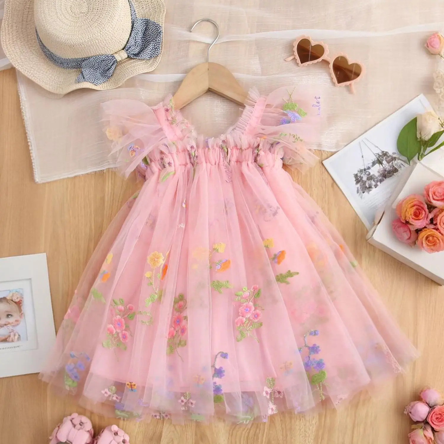 Cute Butterfly Dress for Girls Summer 1-5 Years Birthday Party Dresses Ruffles Flower Embroidery Sweet Princess Dress Kids Casual Mesh Pink Dress with