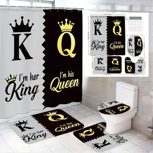 1/4pcs Royal King & Queen Bathroom Set - Black White Gold Shower Curtain + 2 Bath Mats + Toilet Seat Cover with 'I'm her King' 'I'm his Queen' Crown Motif - Perfect for Valentine's Day Anniversary Christmas Wedding Decor for Couples Shower Curtain Sets