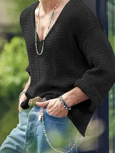 INCERUNSHOP Men's Fashion Simple Solid Color V-Neck Long Sleeve Polyester T-Shirt, Casual Daily Wear for Spring & Fall, Comfortable Everyday Clothing, Top