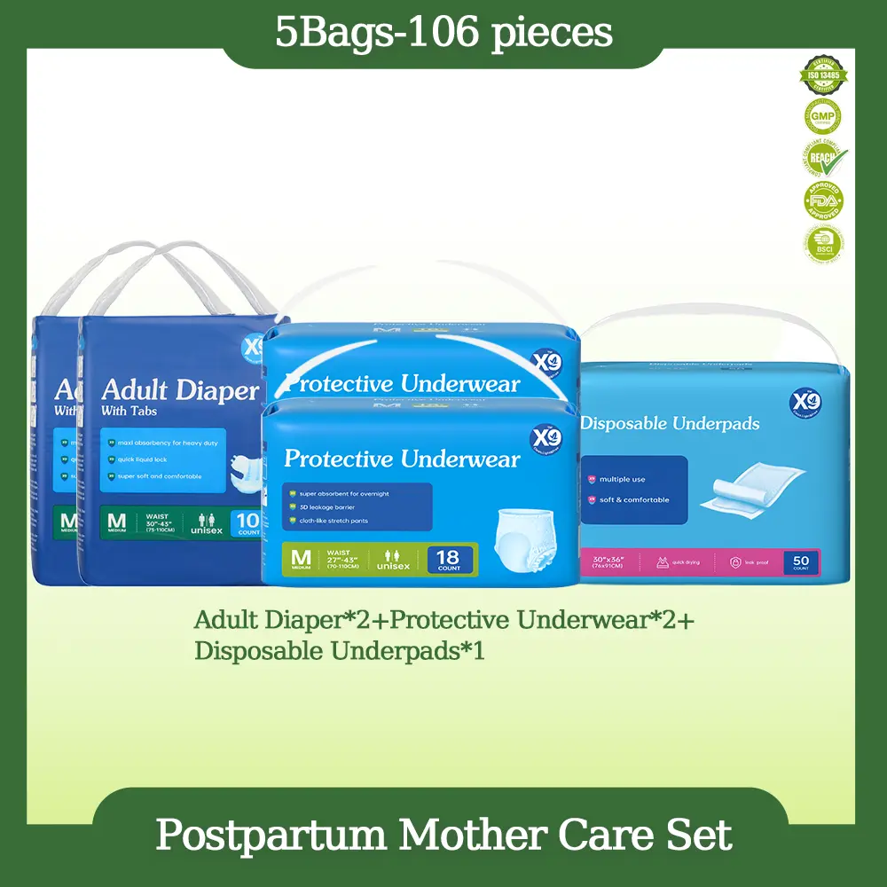 X9 Postpartum & Post-Operative Care Multi Pack - 3 Sizes Cotton Adult Care Set, Includes Disposable Pull-Up Diapers, Adult Diapers, Protective Pads, Quick-Absorbing, Skin-Gentle, Clinically Tested, Fluorescent Agent-Free, Adult Disposable Pull-Up Diapers,