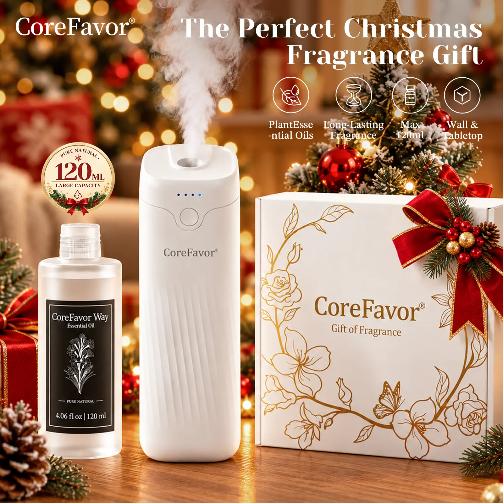 CoreFavor Waterless Essential Oil Diffuser - 120ml Aroma Oil Included, Wall-Mountable, USB Rechargeable, 4 Adjustable Scent Intensities, Low-Noise Calm Operation, Boujee Home Accessories, Ideal Gift for Bedrooms, Offices