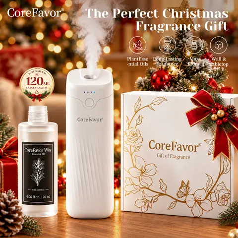 CoreFavor Waterless Essential Oil Diffuser - 120ml Aroma Oil Included, Wall-Mountable, USB Rechargeable, 4 Adjustable Scent Intensities, Low-Noise Calm Operation, Boujee Home Accessories, Ideal Gift for Bedrooms, Offices