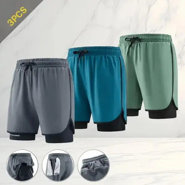 Men's 3PCS/Set Quick-Dry Drawstring Active Shorts - Lightweight Solid Color Bottoms, Breathable Workout Wear for Running, Gym Sessions