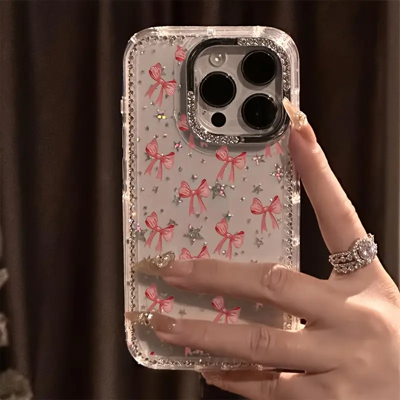 Luxurious iPhone Case - Full Bowknot Design, Sparkling Rhinestones, Transparent Starry Border, Glitter Cover, Shockproof Protector, Stylish Shockproof Cover, Drop Protection Compatible with iPhone 17/16/15/14/13/12/11 Pro Max Plus