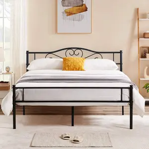 Platform Bed Frame With Headboard & Footboard, Steel Slats Mattress Foundation, No Box Spring Needed Twin Size Gingham Daybed Trundle
