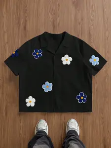 Unisex Y2K style Chenille Flower Patch Camp Collar Shirt, Cute Floral Shirt, Summer Casual Outfit, Beach Vacation, Picnic Style, Daily Commute, Streetwear, Oversized Vintage Short Sleeve Button Down, Y2K Preppy Style