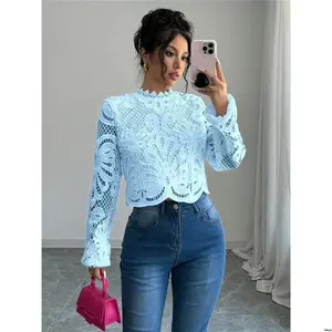 Cropped Long Color Elegant Elenzga Solid Lace Sleeve Shirt