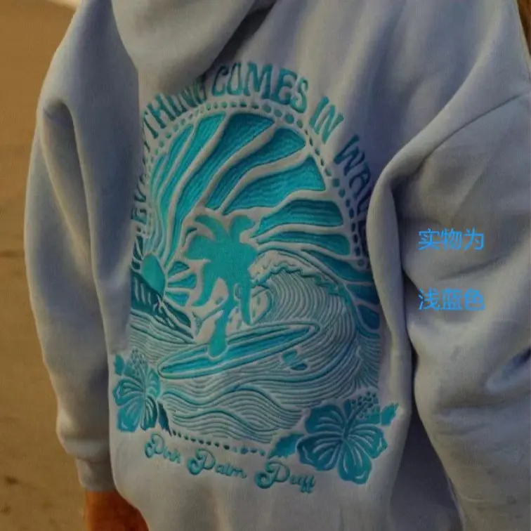 Women Preppy Beachwear Oversized Hoodies Y2k Floral Letter Embroidery Pullover Long Sleeve Loose Sweatshirt with Kangaroo Pocket