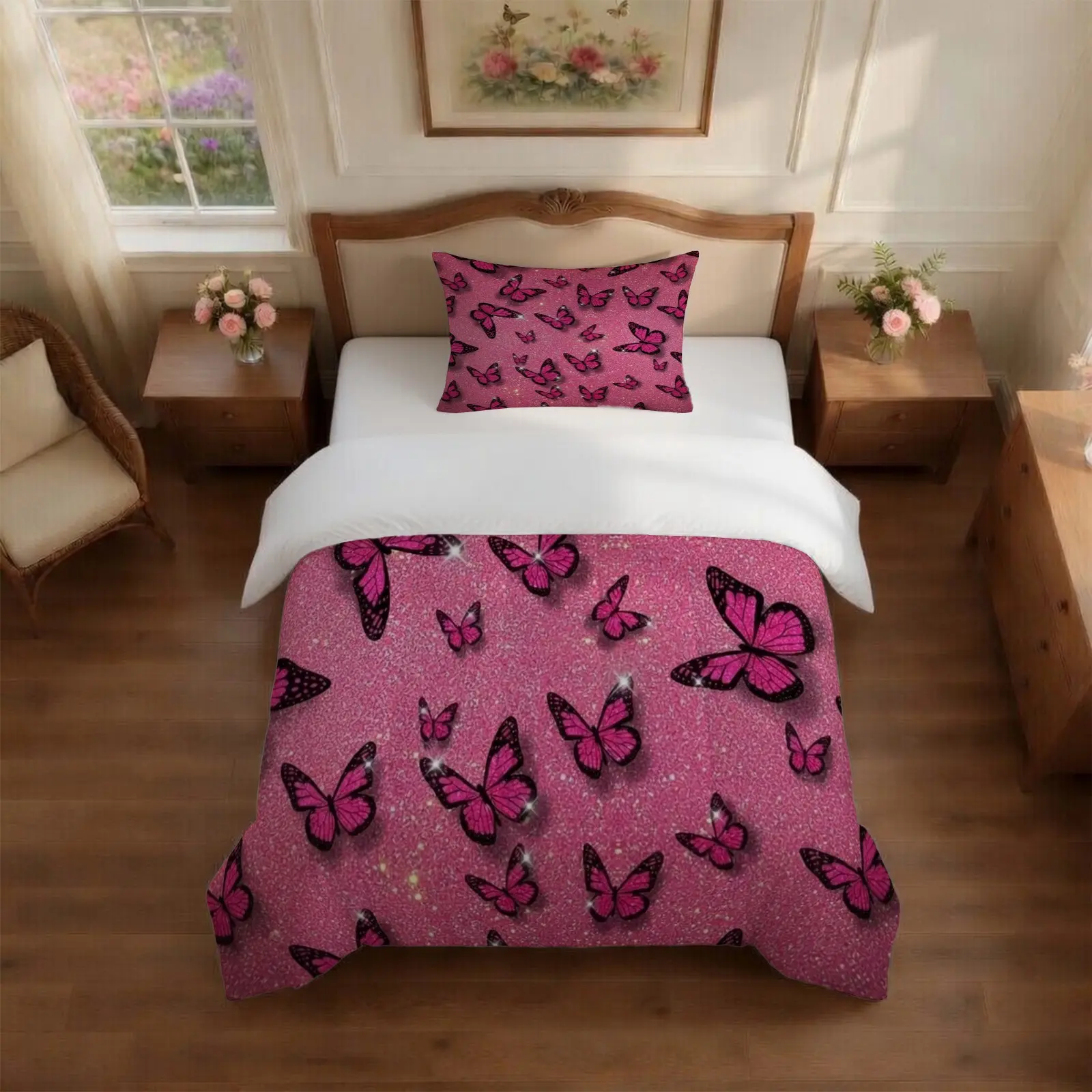 Butterfly Themed Comforter Set, 2/3 Pieces (1 Comforter + 1/2 Pillowcases, No Pillow Insert), U-shaped Quilting Craft, Soft, Breathable and All-Season Use, Perfect for Girls' Bedrooms, Guest Rooms and Dorm Decor, Thoughtful Gift for Her
