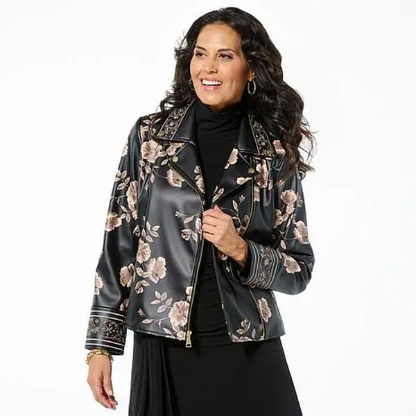 Colleen Lopez Embroidered Faux Leather and Print Moto Jacket Colleen Lopez Embroidered Faux Leather and Print Moto Jacket