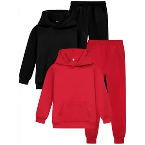 Casual Hooded Sweatsuit Set - 2 Pack Polyester Solid Color Sportswear with Pockets, Slight Stretch, Regular Fit Fall/Winter Apparel Over 3 Years Old - Comfortable Knit Jogger and Sweatshirt Combo, Outdoor