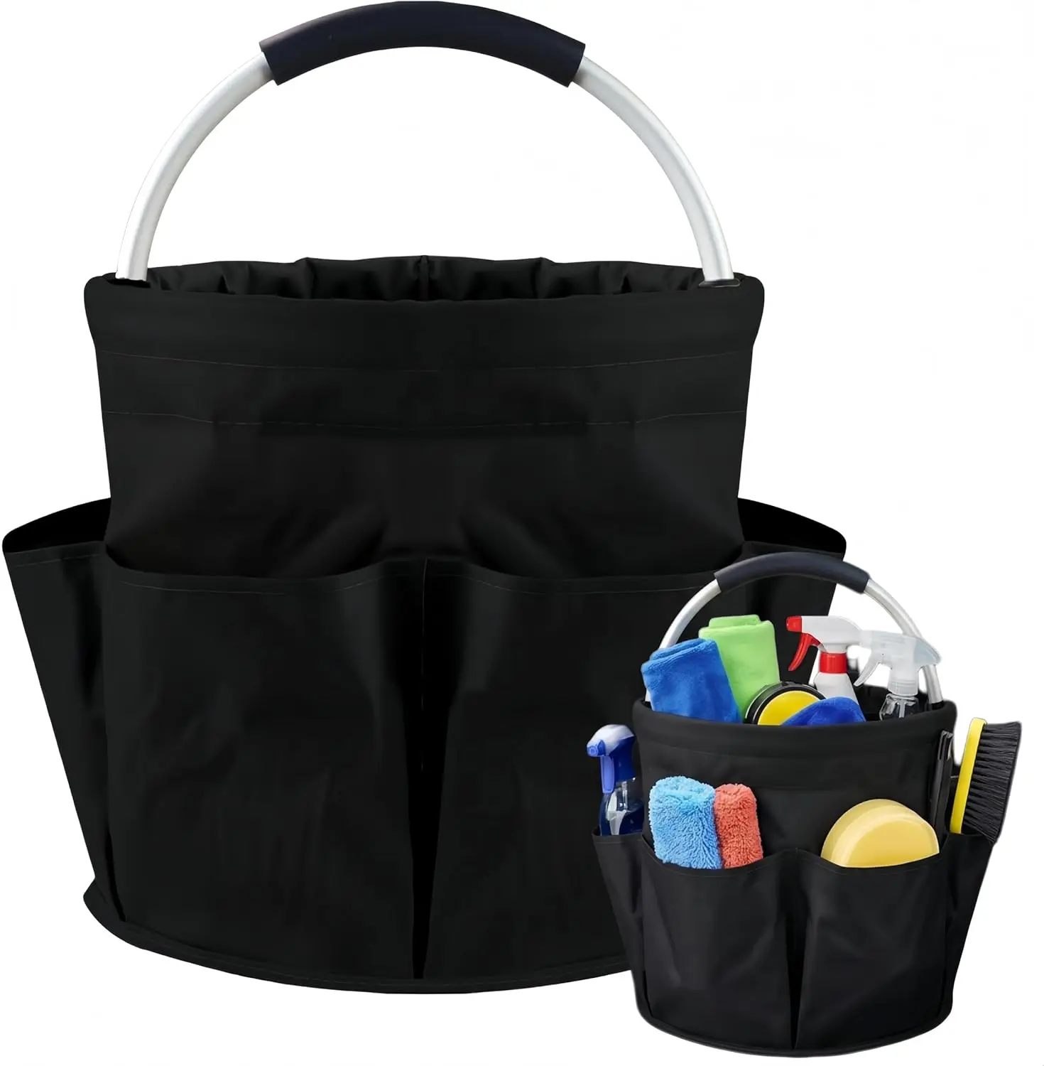 17L Black Durable Recyclable Cleaning Caddy with Handle - Foldable French Country Storage Basket with 6 Pockets & Compartments, Portable Home Organizer for Home, Garden Use