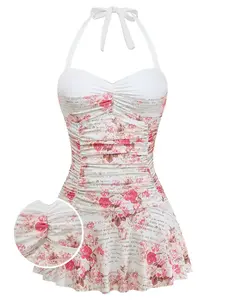 1950s Halter Roses Ruched Tummy Control Swimdress