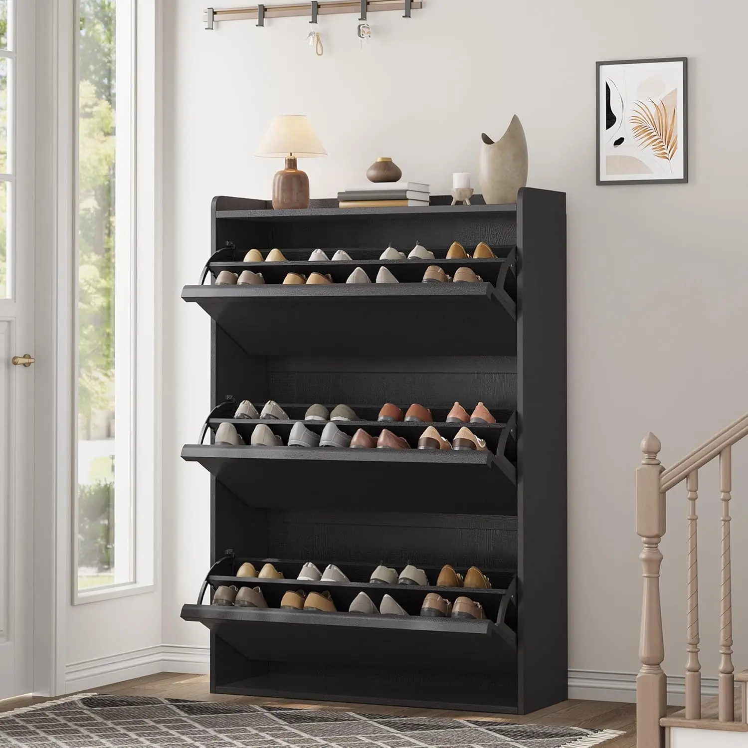 Sturdy Wooden MDF 3-Flip-Drawer Shoe Rack Organiser Cabinet, Wall-Mounted Hidden Holder with Adjustable Shelf, Water-Proof Space-Saving Storage, Entryway Indoor Furniture, 25lb Capacity, Easy Installation, Room Decor