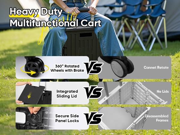 VUSIGN Folding Utility Cart, Foldable Rolling Crate Handcart with Lid, Portable Collapsible Shopping Trolley Box, 4 Rotate Wheels for Grocery, Office, Travel, Teacher, Luggage, Black