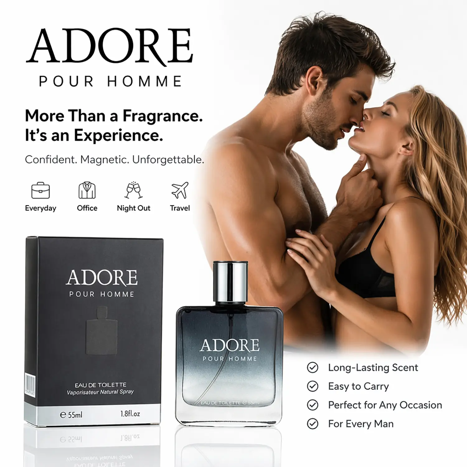 Men's Strong Pheromone Cologne, with long-lasting floral fruity woody notes. Infused with attraction pheromones to make her obsessed, drive her wild all night, and share an intense passionate evening. Perfect for New Year's Eve & Christmas. 55ml/1.8fl.oz
