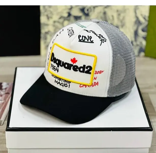 DSQUARED2 Style Graffiti Mesh Trucker Hat, Distressed Patch Logo Baseball Cap, Unisex Adjustable Streetwear Cap