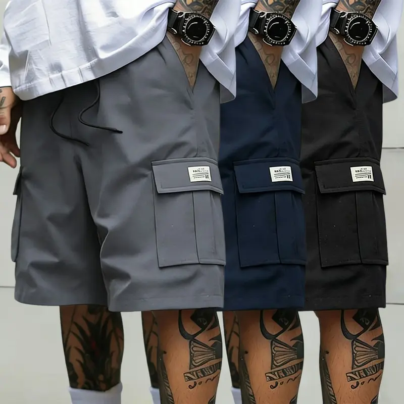 Men’s 3-Pack High-Capacity Print Cool Baggy Cargo Shorts - Smooth Breathable Quick-Dry Fabric, Elastic Waist, Dual Side Pockets, Loose Straight-Leg, Knee-Length Casual Outdoor Activewear (Gray, Dark Blue, Black)