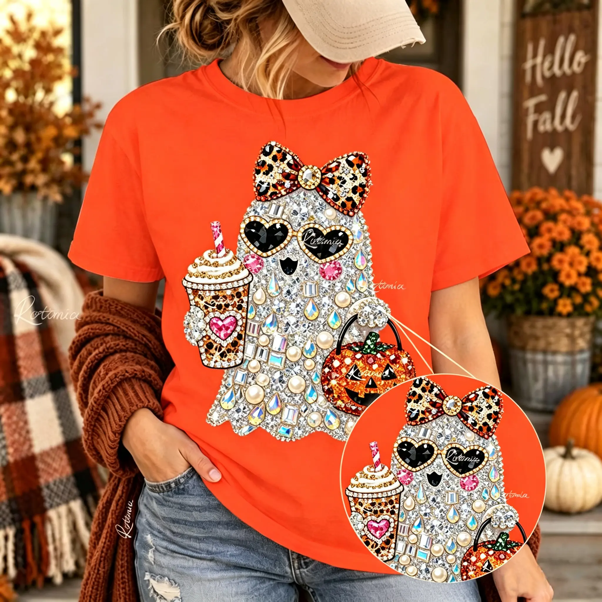 Women's Rhinestone Ghost Casual Graphic Print Tee, Cotton Loose-Fit Tshirt with Glitter Bow, Coffee-Colored Pumpkin Design, Breathable Everyday Top for Halloween Fall Party