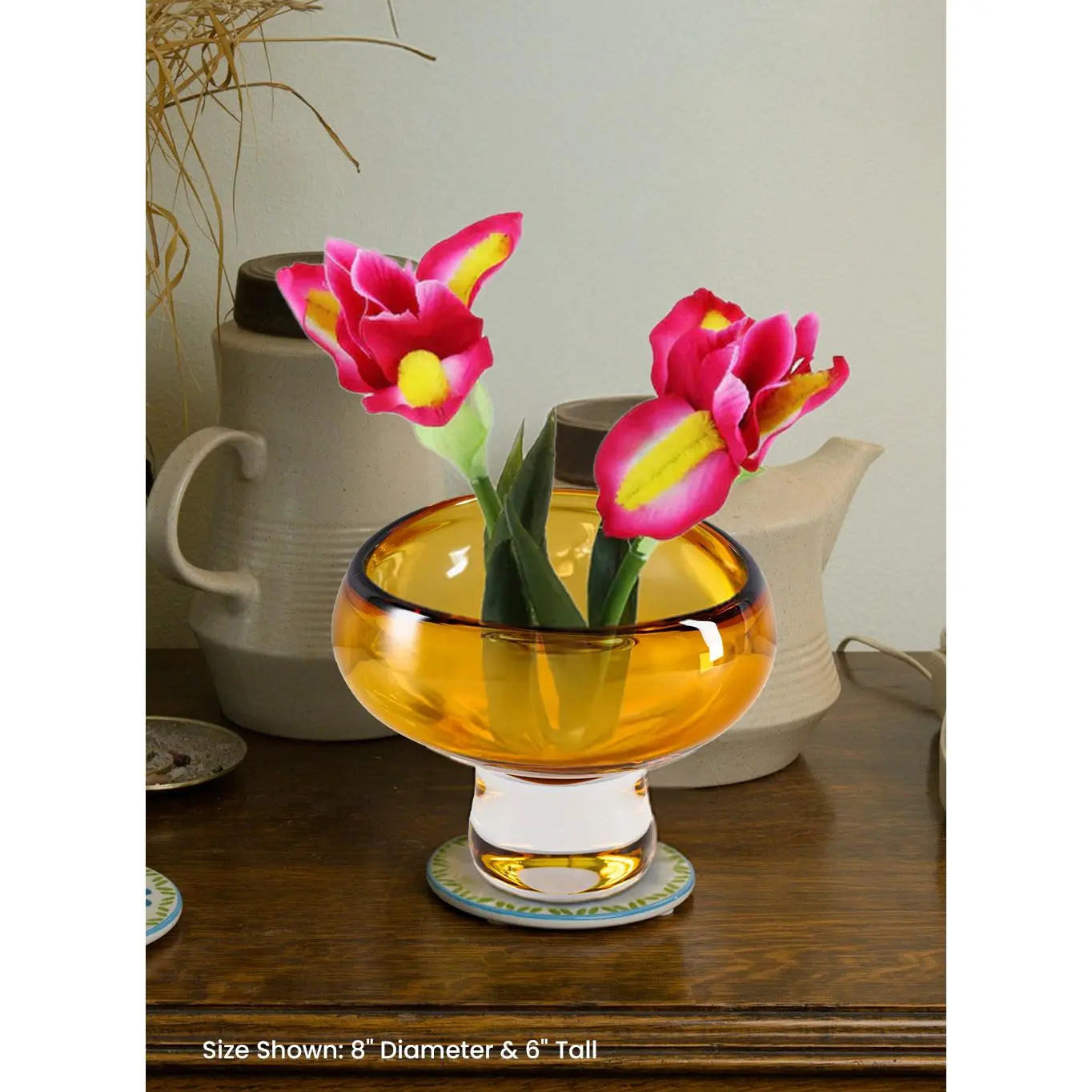 Handblown Amber & Clear Glass Bowl Vase Collection