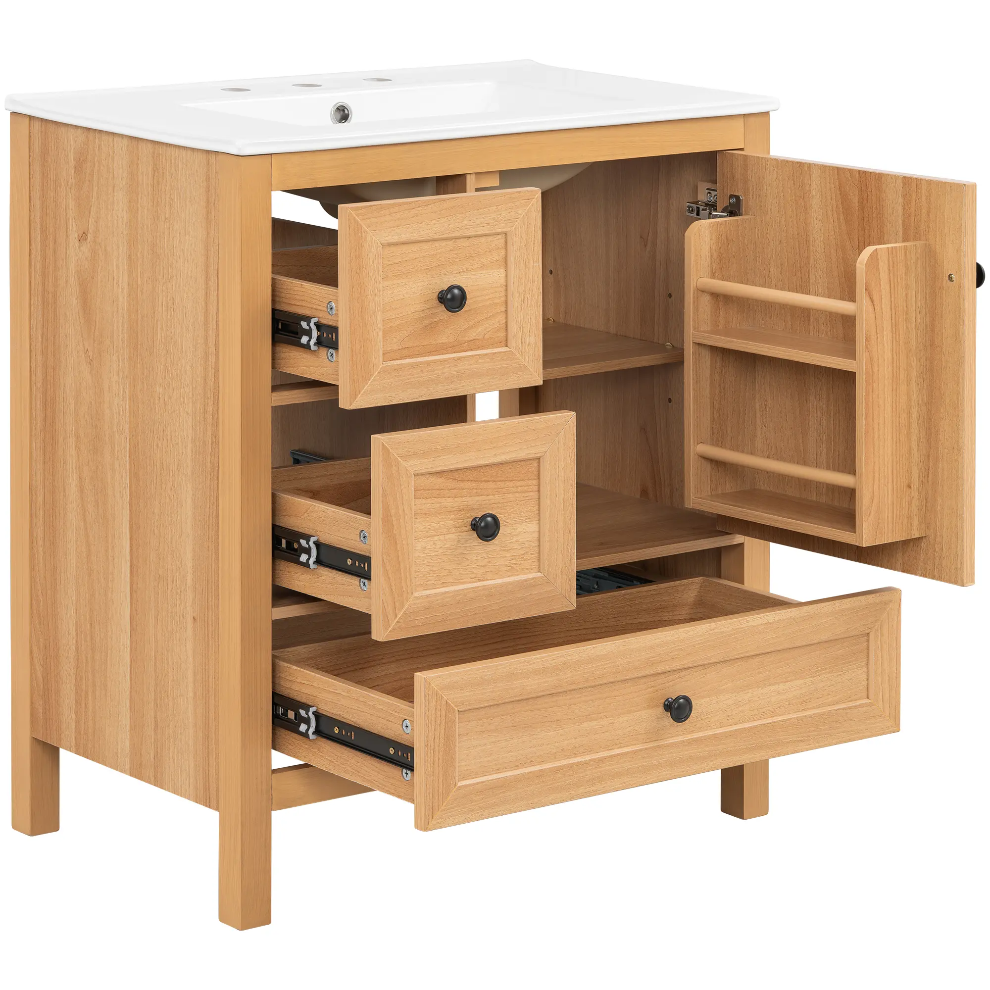 Natural Wood Finish Freestanding Bathroom Vanity with Ceramic Sink, Solid Wood Legs, Adjustable Shelf, Full Soft-Close Drawers & Door, Storage Rack, Open Back Design – Easy DIY Floor Cabinet for Bathroom & Drawer Organization, Bathroom Organization