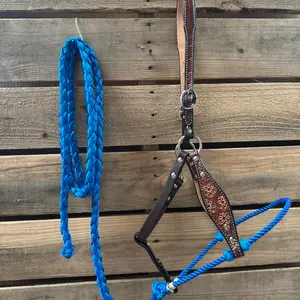 Blue Flower Power Tooled Lariat & Leather Combo Halter