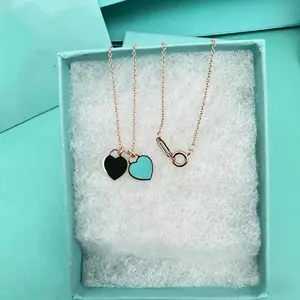 925 Sterling Silver Double Heart Pendant Necklace for Women, Red & Blue Enamel Oil Drop Clavicle Chain, Dainty Fashion Jewelry Gift