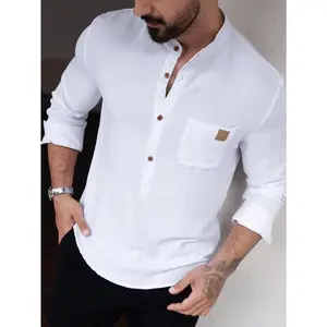 CasualCool Men’s Solid Color Plain Front Button Long Sleeve Pocket Simple Casual Shirt, White Button-Up, for Going Out