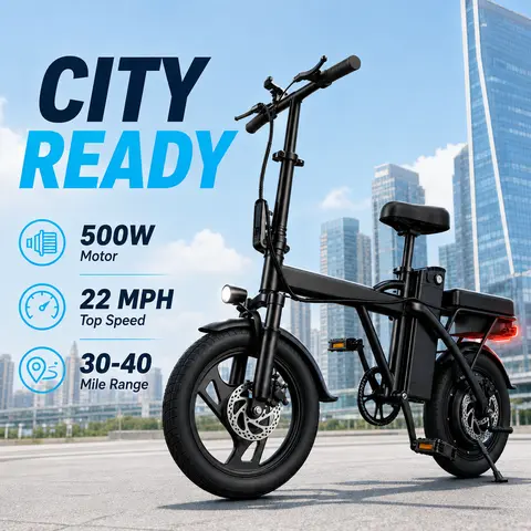 Unisex 14-in Compact Foldable E-Bike for Adults - 450-799W (500W Motor), 48V 9Ah, Aluminum Frame, 22 Mph Top Speed, 40 Mi Range, Portable Bikes for Commuting, Compact Design, 12-Month Support