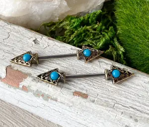 PAIR Tribal Spear w/ Turquoise Nipple Barbells Rings Body Jewelry 14g 14mm bar