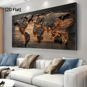 Wooden Framed Canvas Painting2D flat, 2D/ flat A large wooden frame decorative painting living room wall art canvas, modern abstract world map - dark brown and gold texture printing, simple design, suitable for home office indoor and outdoor use poster Ch