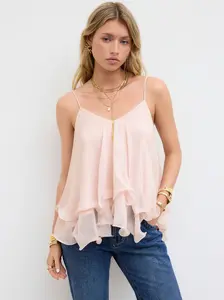 CIDER Ruffle Hem Knotted Layered Mesh Cami Top