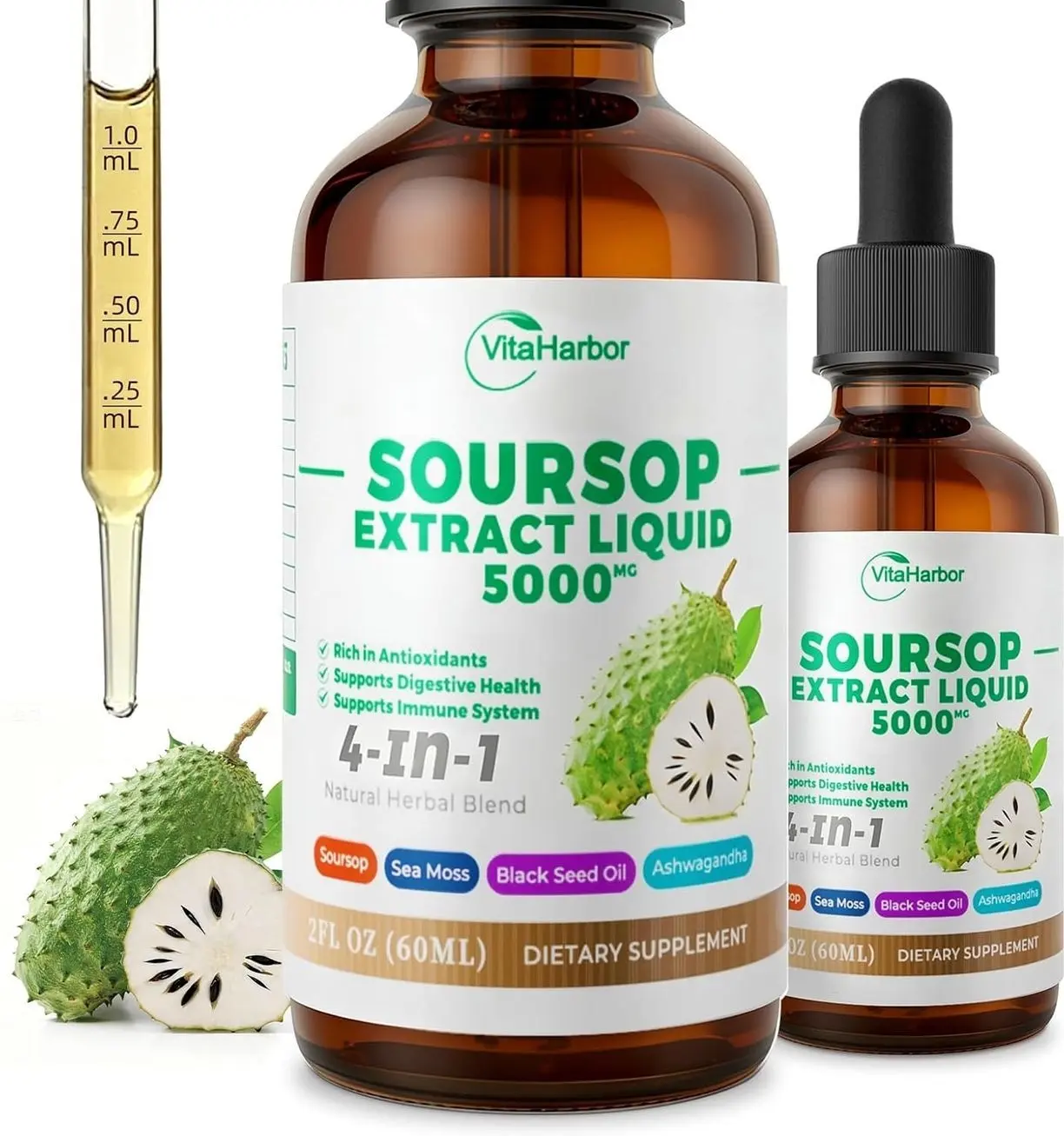 4-in-1 Soursop Bitters Liquid, Soursop Oil with Sea Moss & Black Seed Oil & Ashwagandha, for Immune & Digestive & Cell Support, Sugar-Free | Non-GMO | Vegan (2 Fl oz) Slightly Sweet Flavor