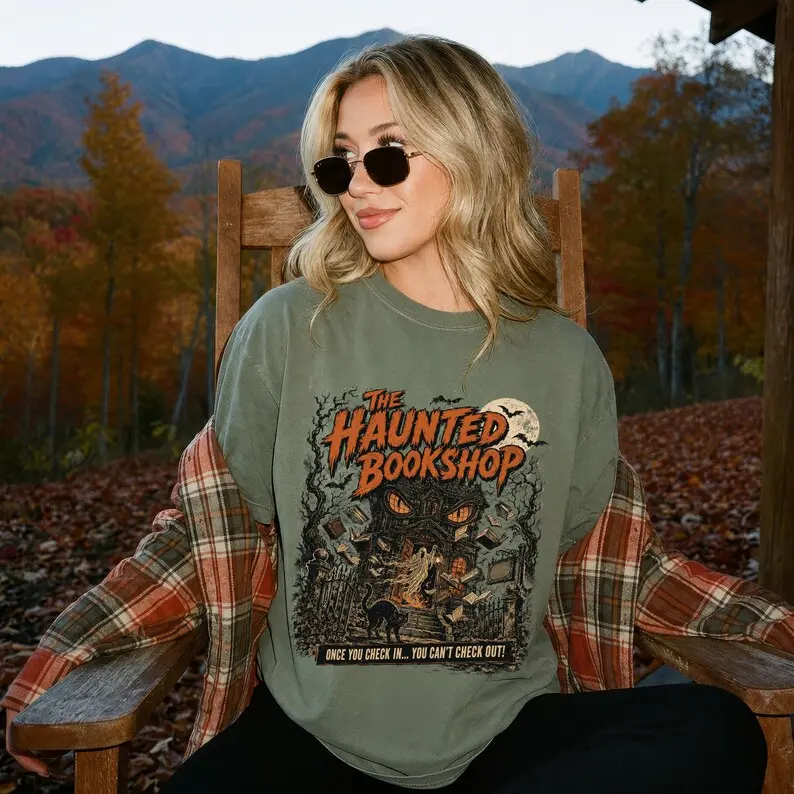 Haunted Bookshop T-Shirt, Spooky Season Ghost Reader Bookish Halloween Reader Tee, Dark Academia Fall Reading Book Lover Gift
