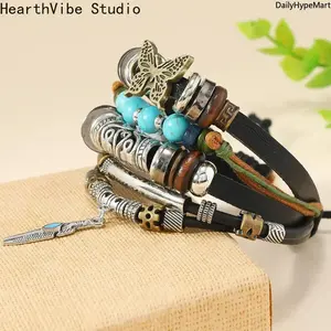 Handmade Turquoise Butterfly Leather Bracelet, Vintage Boho Wrist Accessory