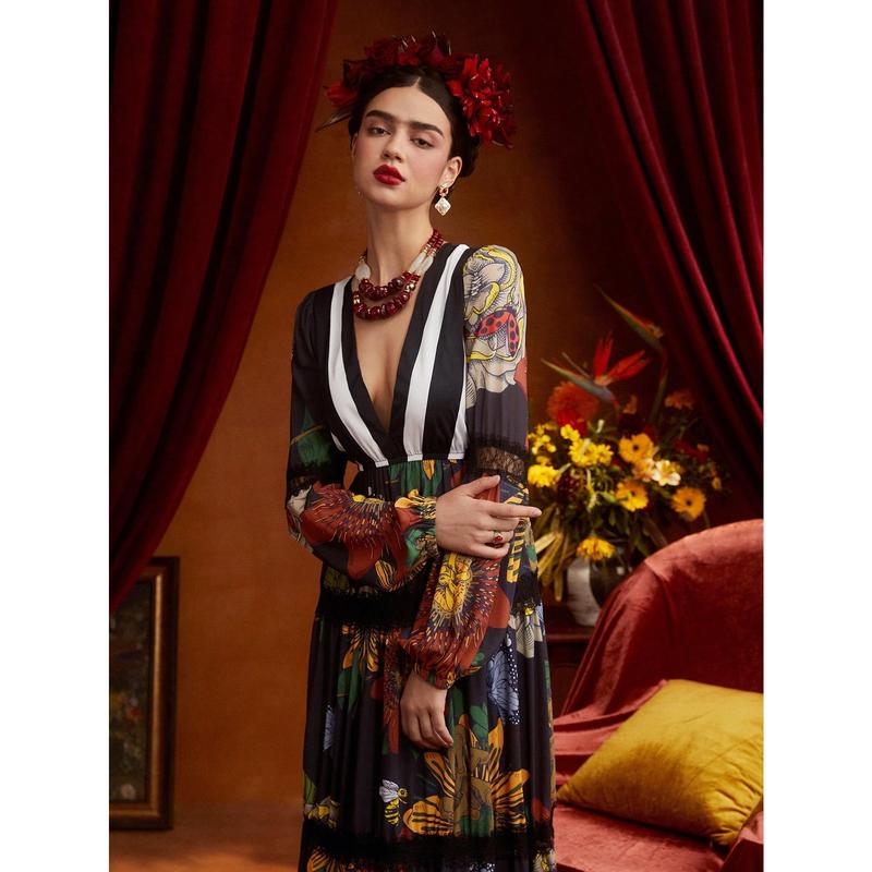 Frida Kahlo X SHEIN X Designer ISELACOS Floral Print Plunging Neck Lace Insert Dress Designer Elegant Dress, Fall Women Dress, For Autumn, Holiday, Party, Thanksgiving, Birthday Outfits, Spring, Festival