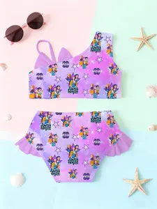 Girls' two-piece Swimsuit Set "HUNTRX Girl Group Colorful Style" features a purple-toned full-print cartoon design with a large bow, being sweet and cool yet eye-catching. It perfectly enhances the ambiance of summer pool or seaside outfits~