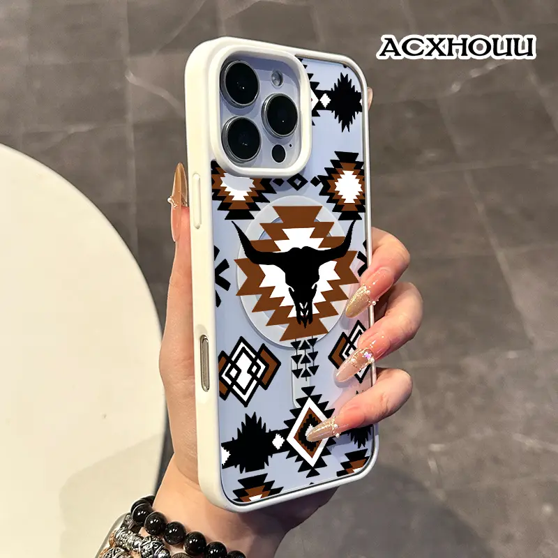 MagSafe Protective Phone Cover for iPhone Devices - Stylish Aztec Bull Skull 2D Printing, Hard Acrylic Back, Soft Silicone TPU Edge, Lightweight Shock-Resistant, Durable Valentine's Day Gift Accessory (Fits 17 Pro Max,16,16e,15,14 Plus,13,12,11,X,XS)