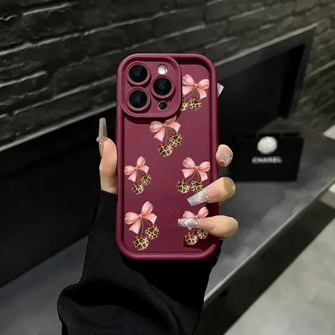 Cherry Bow Leopard Print Phone Case Cute Fruit Design Compatible with iPhone 17 Pro Max 16 Pro Max 15 Pro 14 13 12 11 Series Simple Color Matching