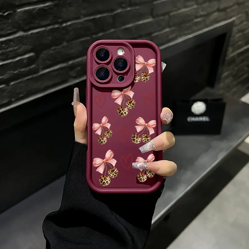 Cherry Bow Leopard Print Phone Case Cute Fruit Design Compatible with iPhone 17 Pro Max 16 Pro Max 15 Pro 14 13 12 11 Series Simple Color Matching
