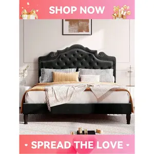 Full/Queen/King Size Bed Frame With Adjustable Velvet Tiara Headboard, Upholstered Diamond Button Tufted Platform Bed, Wood Slats Support, No Box Spring Needed, Black/Grey/White, Queen Bed Frame