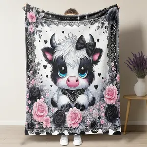 Black & Pink Floral Highland Cow Flannel Air-conditioning Blanket,Gothic Lace Design,Soft Cozy Fleece Blanket For Summer Camping Decor Coquette Bedroom