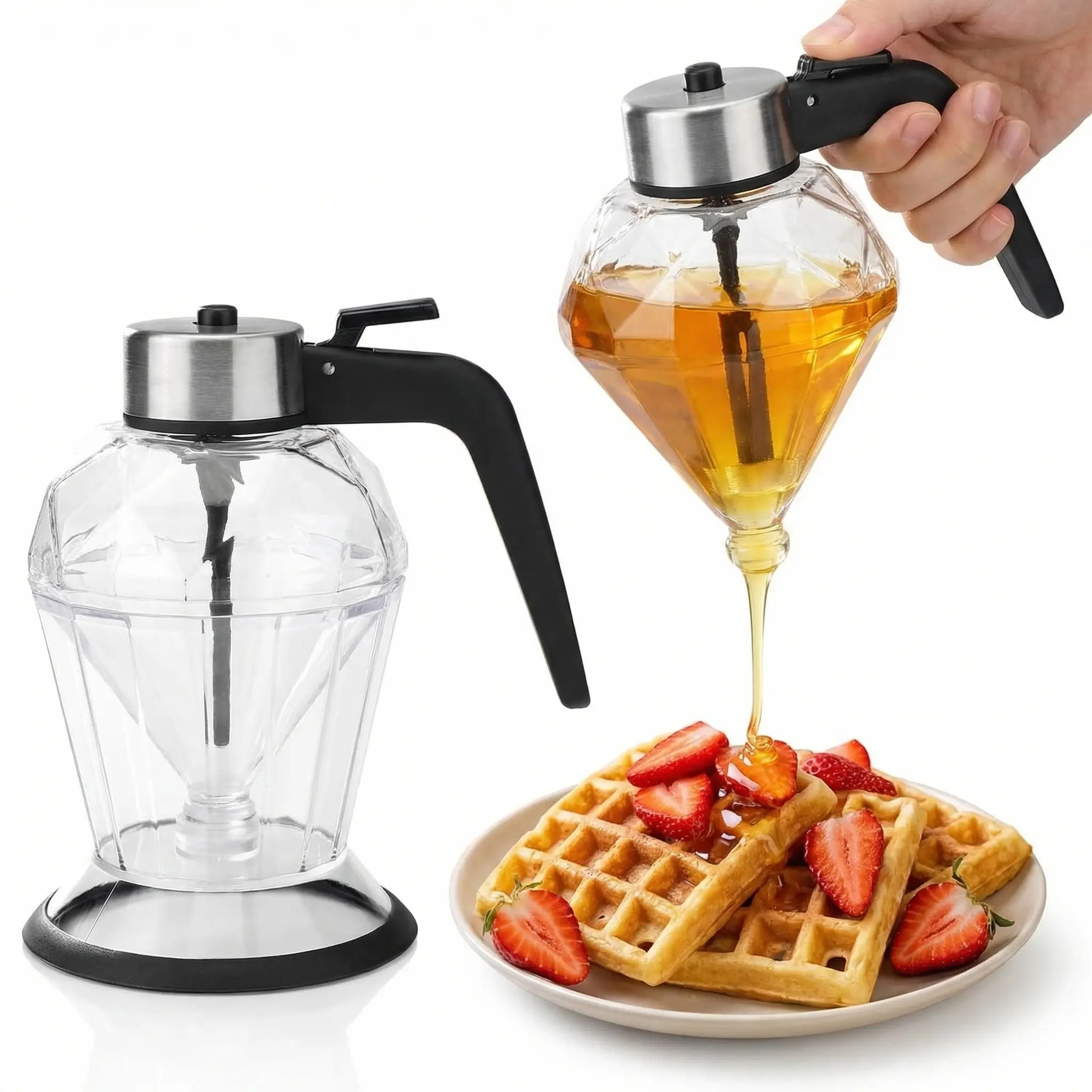 8 oz No-Drip Diamond-Shaped Glass Honey & Syrup Dispenser with Plastic Stand & Stainless Steel Parts, Minimalist Home Organizer Storage Jar for Clutter-Free Kitchen, Easy to Clean, Traditional