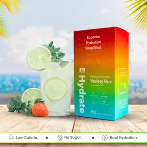 Hydrate Electrolyte Drink Mix – 310 Nutrition Variety Box, 15 Sticks – No Sugar, Low Calorie, Superior Hydration