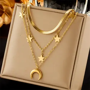 Jewelry women wear star and moon necklaces in multiple layers, popular titanium steel necklaces, dopamine neck chains