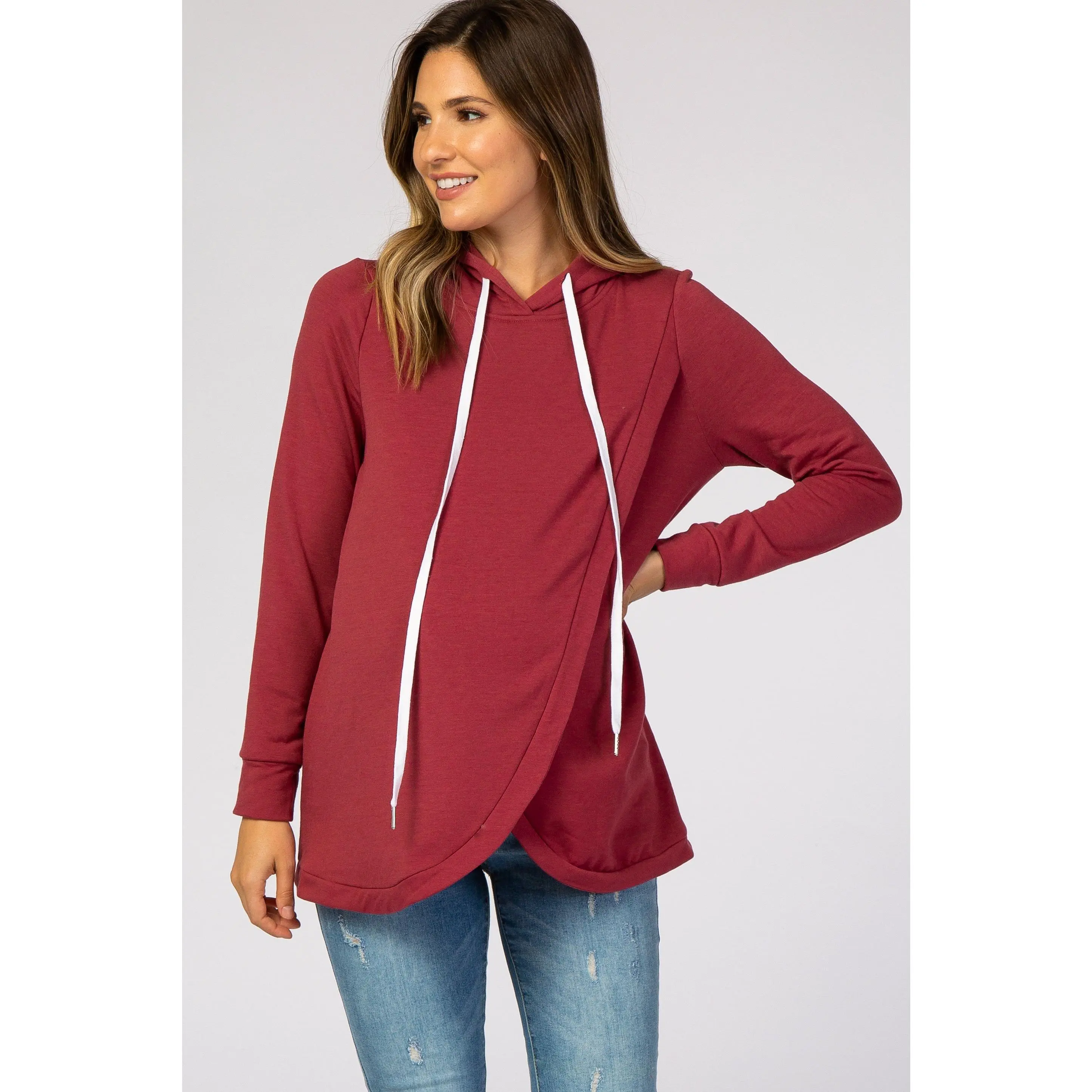 Red Layered Front Maternity/Nursing Fleece Hoodie, Nursing Clothes, Maternity Top, Pregnant