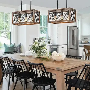 Farmhouse Chandelier Rectangle Wood and Metal Dining Room Light Fixtures, Black Ceiling 3 Lights Pendant Light for Kitchen Island,Living Room lights for bedroom Decorative