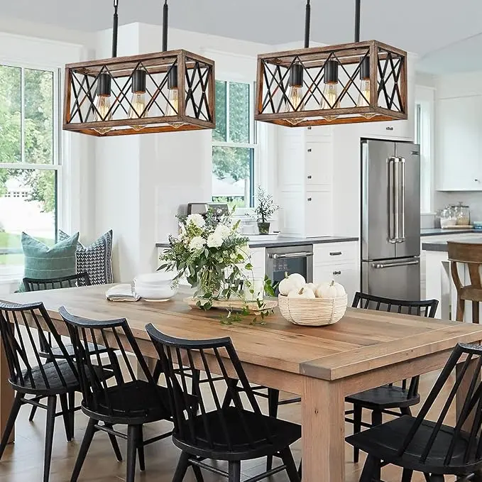 Farmhouse Chandelier Rectangle Wood and Metal Dining Room Light Fixtures, Black Ceiling 3 Lights Pendant Light for Kitchen Island,Living Room lights for bedroom Decorative