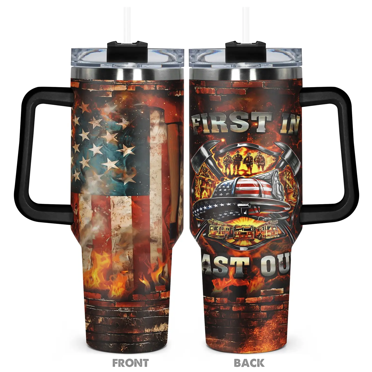 1pc, Gifts for Firefighter 40oz Vacuum Insulated Tumbler, Flasks, First In Last Out Funny Print, Insulated and Durable, Insulated Travel Drinkware, Insulated Cups, Gift for Any Occasion, Birthdays, Holidays or Special Moments for Family, Friends