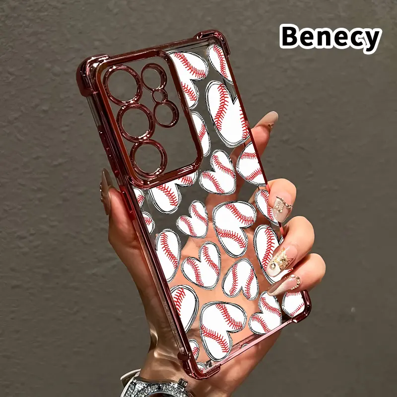 Baseball - heart pattern Pattern Phone Case Compatible with Samsung Galaxy S26 S23 Ultra S24 Plus S25 S22+ FE Edge Electroplated Four-Corner Anti-Fall Protection Cellphone Cover